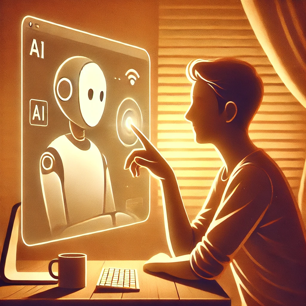 DALL·E 2025-03-05 15.56.31 - A warm and inviting digital illustration of a person using AI. The person is interacting with a futuristic yet friendly AI assistant on a screen, with.png