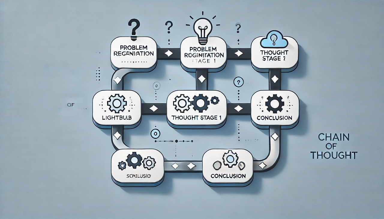 체인 오브 띵크(Chain of Thought) 방식의 흐름을 시각적으로 표현한 다이어그램. 문제 인식, 사고 단계 1, 사고 단계 2, 결론 도출의 순서로 연결된 화살표와 각 단계에 해당하는 간단한 아이콘들이 포함된 깔끔하고 현대적인 스타일의 다이어그램1.png