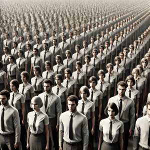 DALL·E 2025-02-01 23.50.56 - A large crowd of people standing in perfect formation, all wearing identical uniforms and facing the same direction. Their expressions are neutral and.png