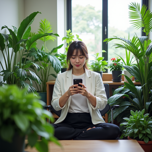 flamel-1568060-1x-사무실에서 잠깐 휴식을 취하며 수면 명상 앱을 사용하고 있는 한국인 직원의 모습을 담은, 평화로.png