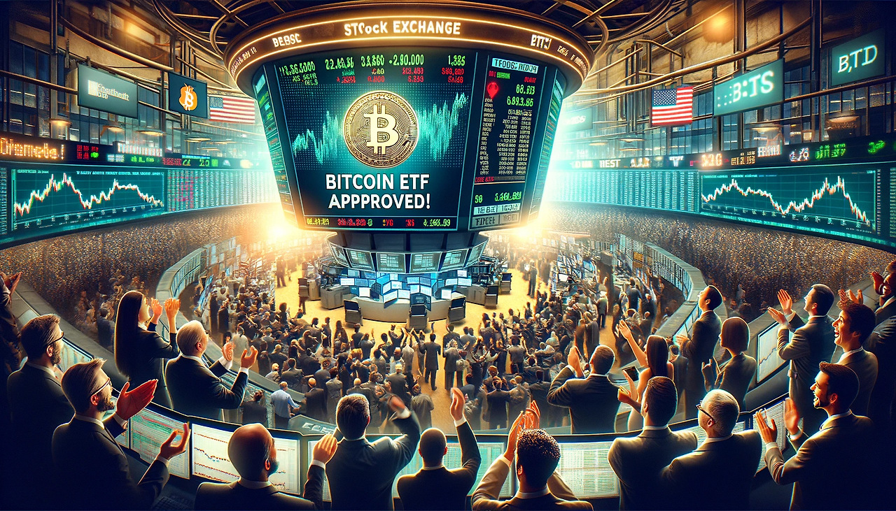 DALL·E 2024-01-20 18.42.35 - Imagine a historic moment where a Bitcoin ETF is approved, set in a bustling stock exchange. The scene is filled with traders and investors, all eyes .png
