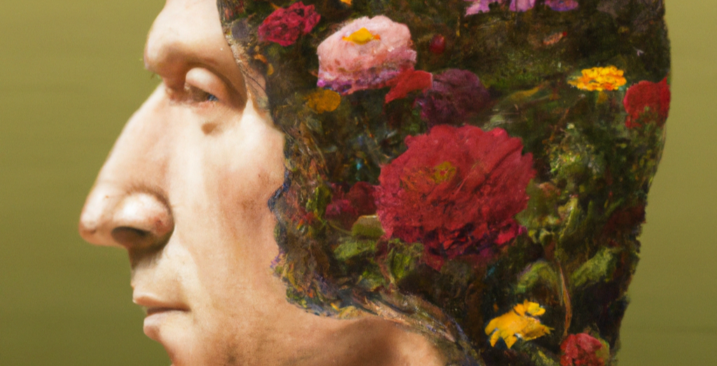 DALL·E 2022-11-29 11.27.43 - da vinci style oil painting of A person's side face that looks big and his brain is filled with flowers.png