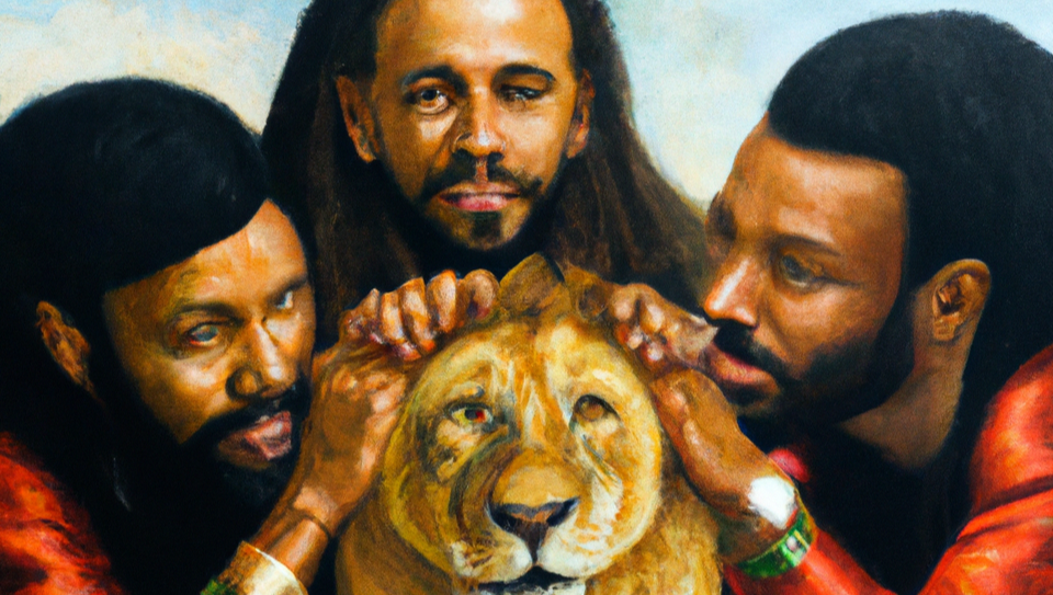 DALL·E 2022-11-28 12.03.04 - da vinci style oil painting of 3 People who lie to big dogs as lions.png