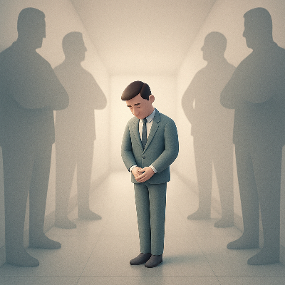 넓은 회색 복도 한가운데 서 있는 직.png