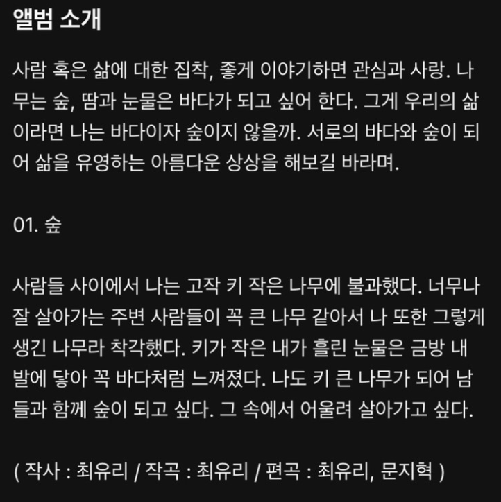 숲에 대한 가사 해석(최유리).png