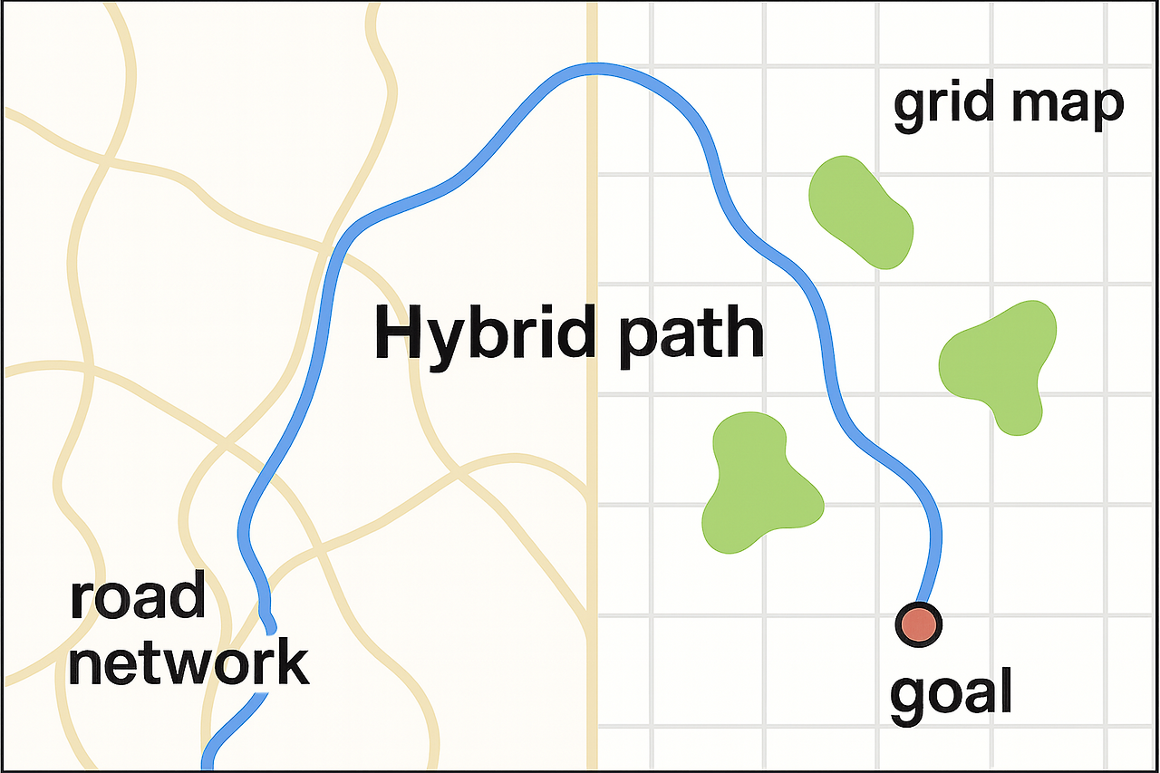 그림 3_도로 네트워크 + 그리드 맵이 혼합된 하이브리드 탐색 개념도.png