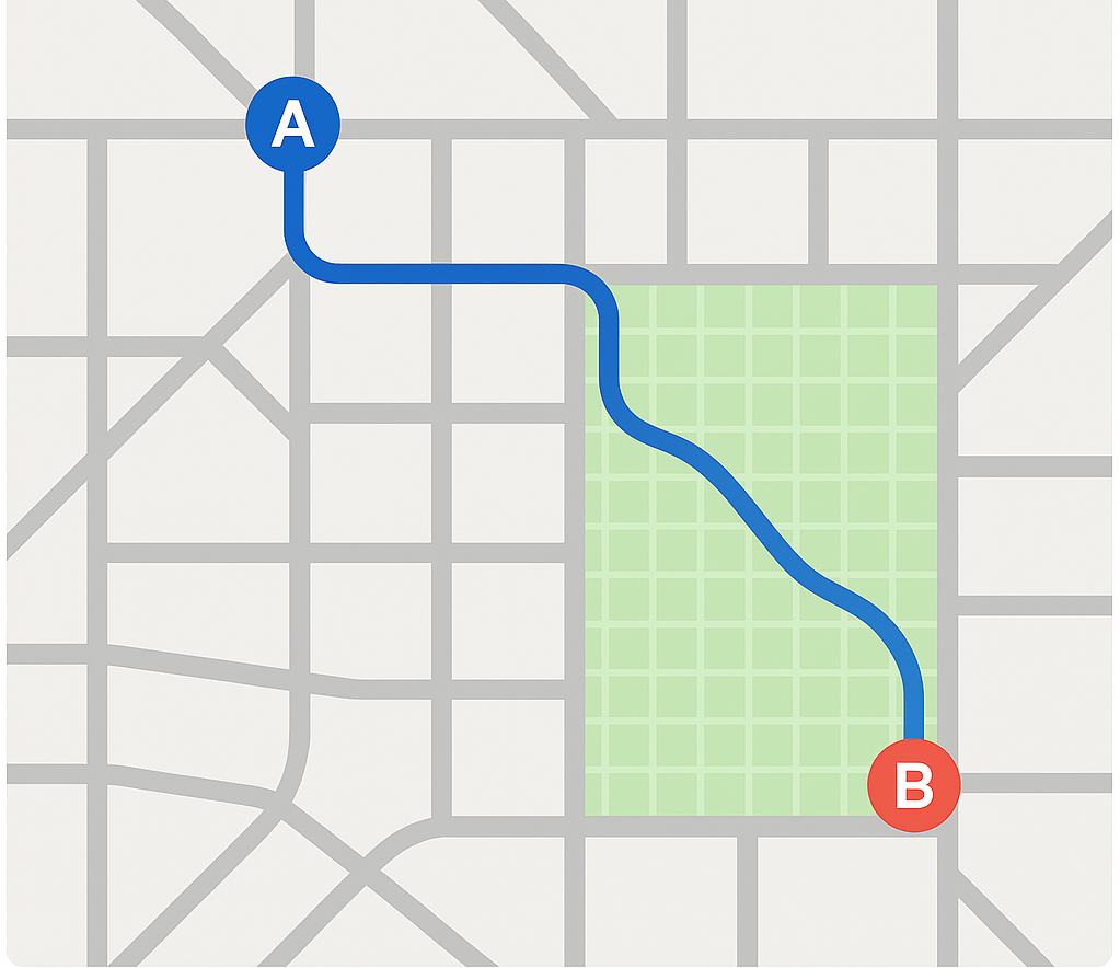 그림 7_하이브리드 경로 탐색 시뮬레이션 결과 예시 – 도로망 + 공원 경유.png