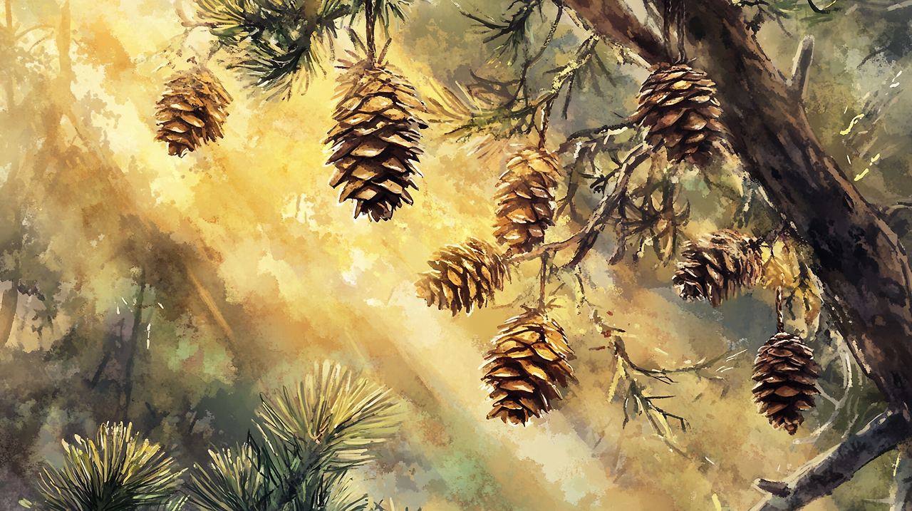 eunduu_pine_cones_hanging_on_a_tree_detailed_pine_cones_nestl_89fe7580-7af1-4c55-b5b1-dd60475d5dd6_0.png