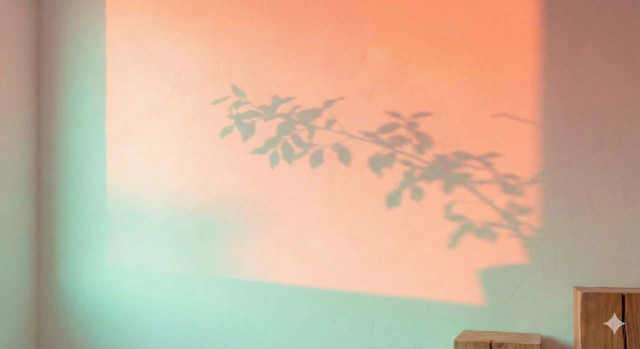 빛으로 물든 벽과 흔들리는 식물 그림자.png