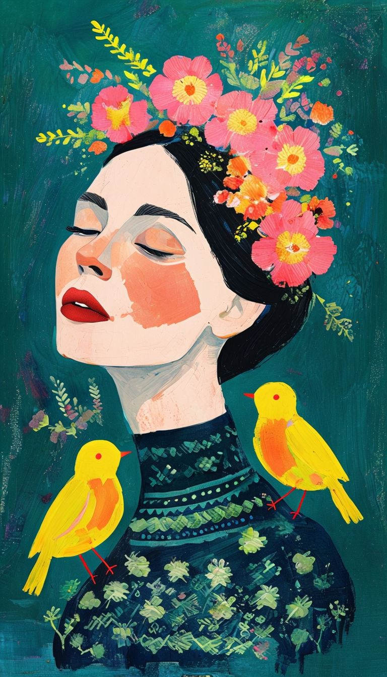 Stylized Woman With Floral Accents In Vibrant Palette.png