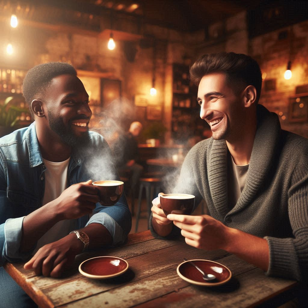 두 남자가 커피숍에서 커피를 마시고 있는 모습.png