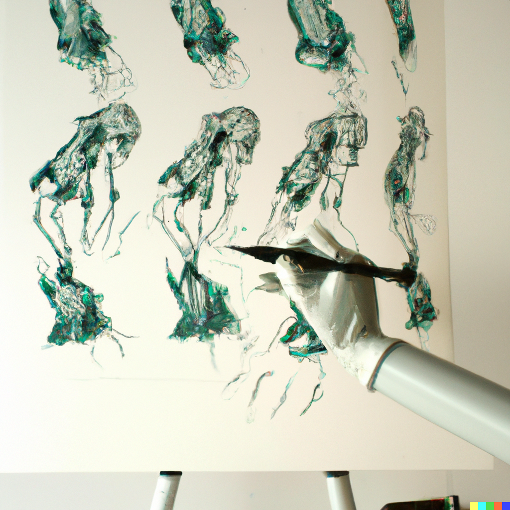 DALL·E 2023-03-28 12.01.41 - a creature with a robotic brain and six robotic arms painting a drawing, photograph.png