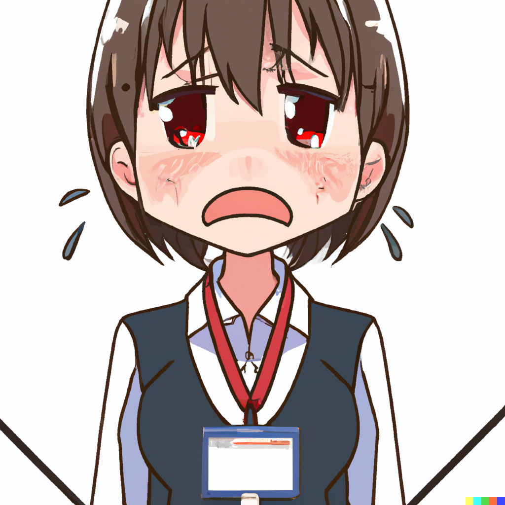 DALL·E 2023-09-19 13.47.51 - A female is crying with her employee ID on her neck, japanese anime.png