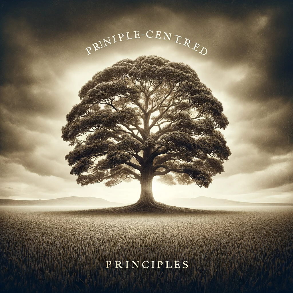 DALL·E 2024-01-20 08.28.38 - A symbolic image representing the concept of 'principle-centered' or 'principled living'. The image should depict a sturdy oak tree standing alone in .png