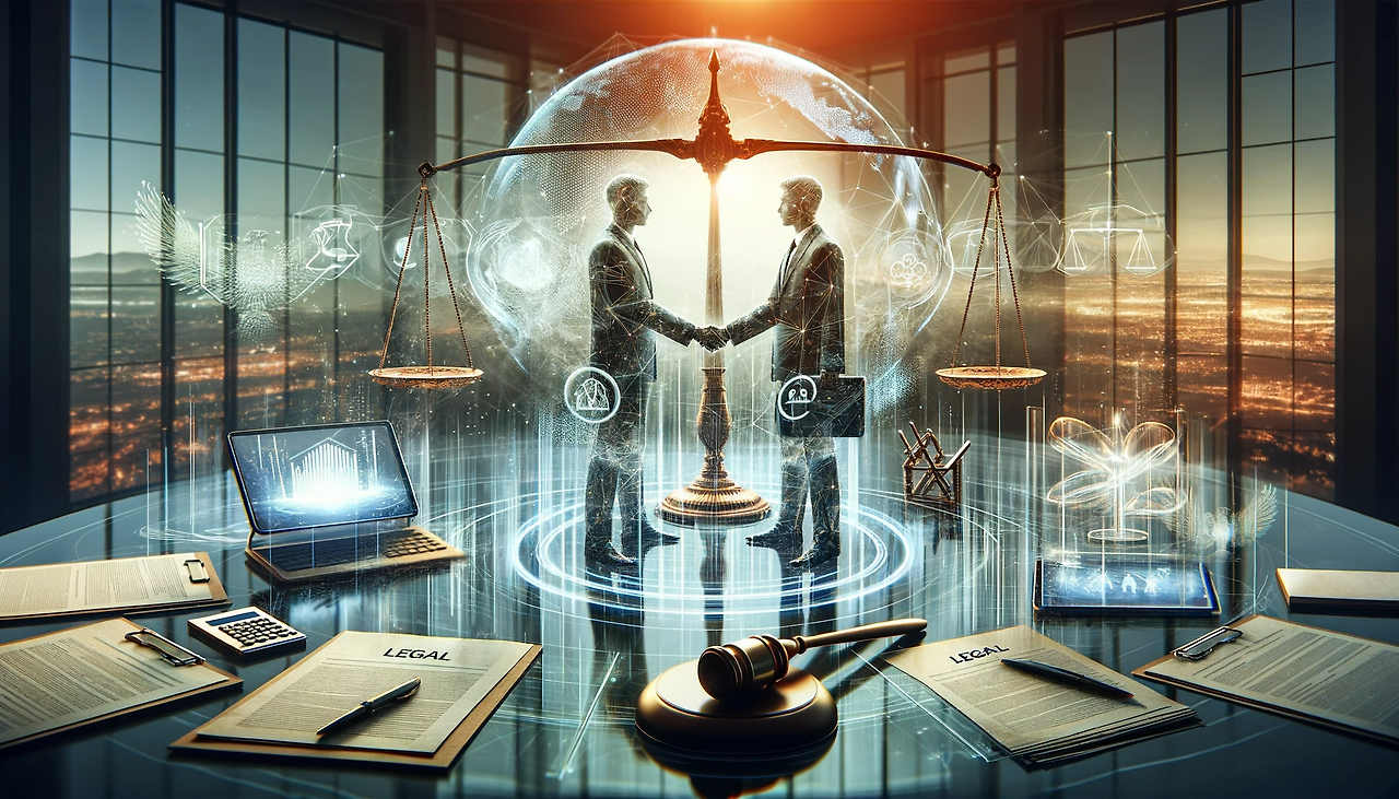 DALL·E 2023-12-27 15.06.49 - An abstract representation of a business partnership based on transparency, legality, and mutual trust. The scene depicts two figures shaking hands ov.png
