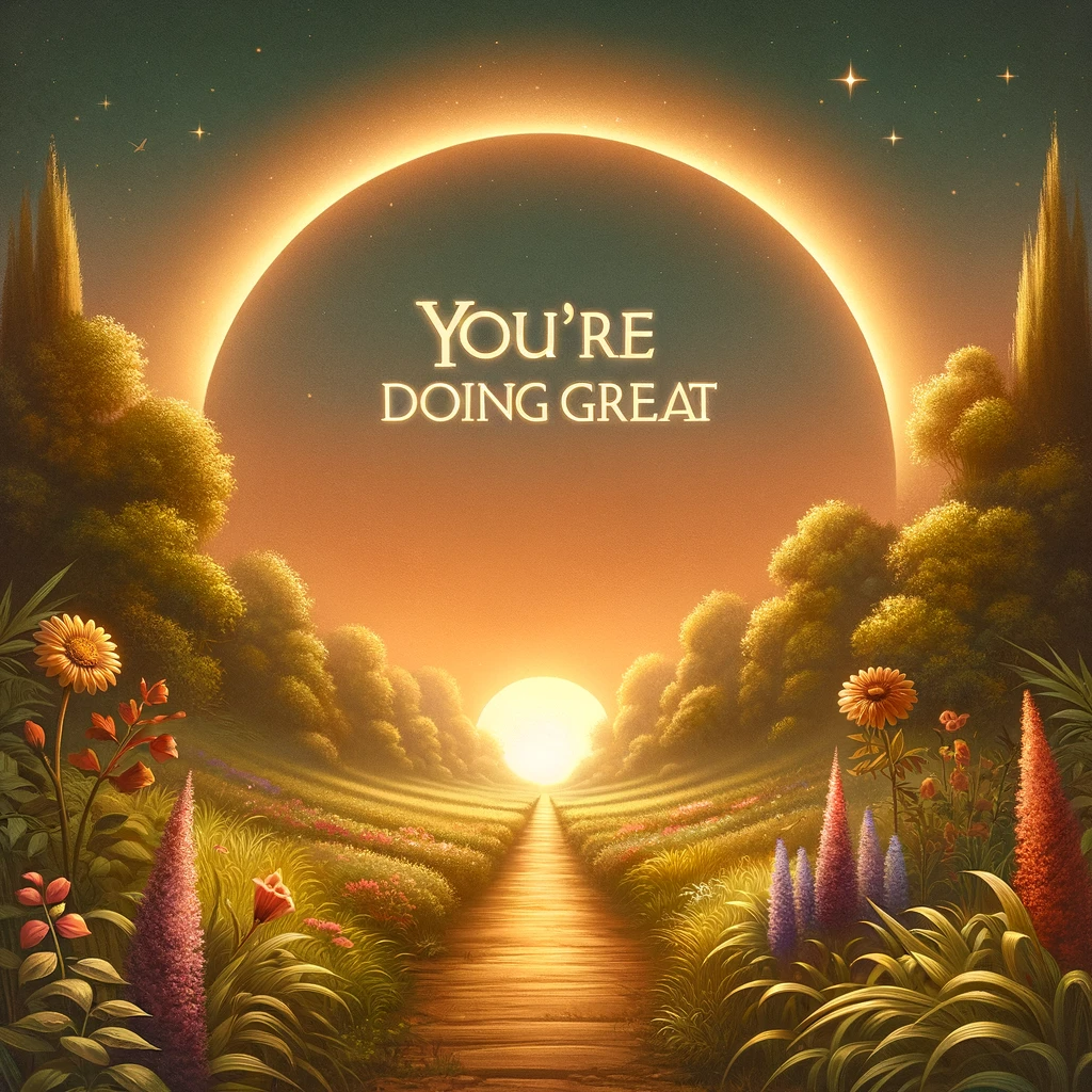 DALL·E 2024-01-18 10.12.45 - A warm and comforting scene symbolizing the phrase 'You're doing great'. The image should depict a serene landscape with a rising sun in the backgroun.png