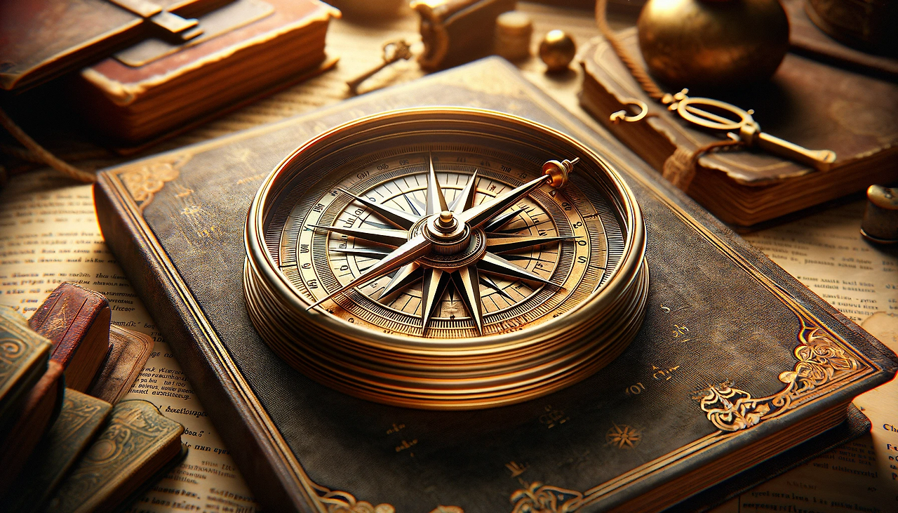 DALL·E 2024-01-20 08.31.10 - A symbolic image in a 14_9 aspect ratio, representing the concept of 'principle' or 'moral integrity'. The image should feature an ancient compass on .png