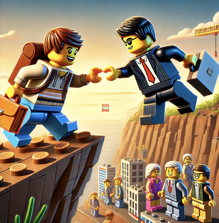 Monosnap DALL·E 2024-06-15 18.06.38 - A detailed illustration of LEGO characters representing a startup and a large corporation becoming… 2024-06-15 18-07-03.png