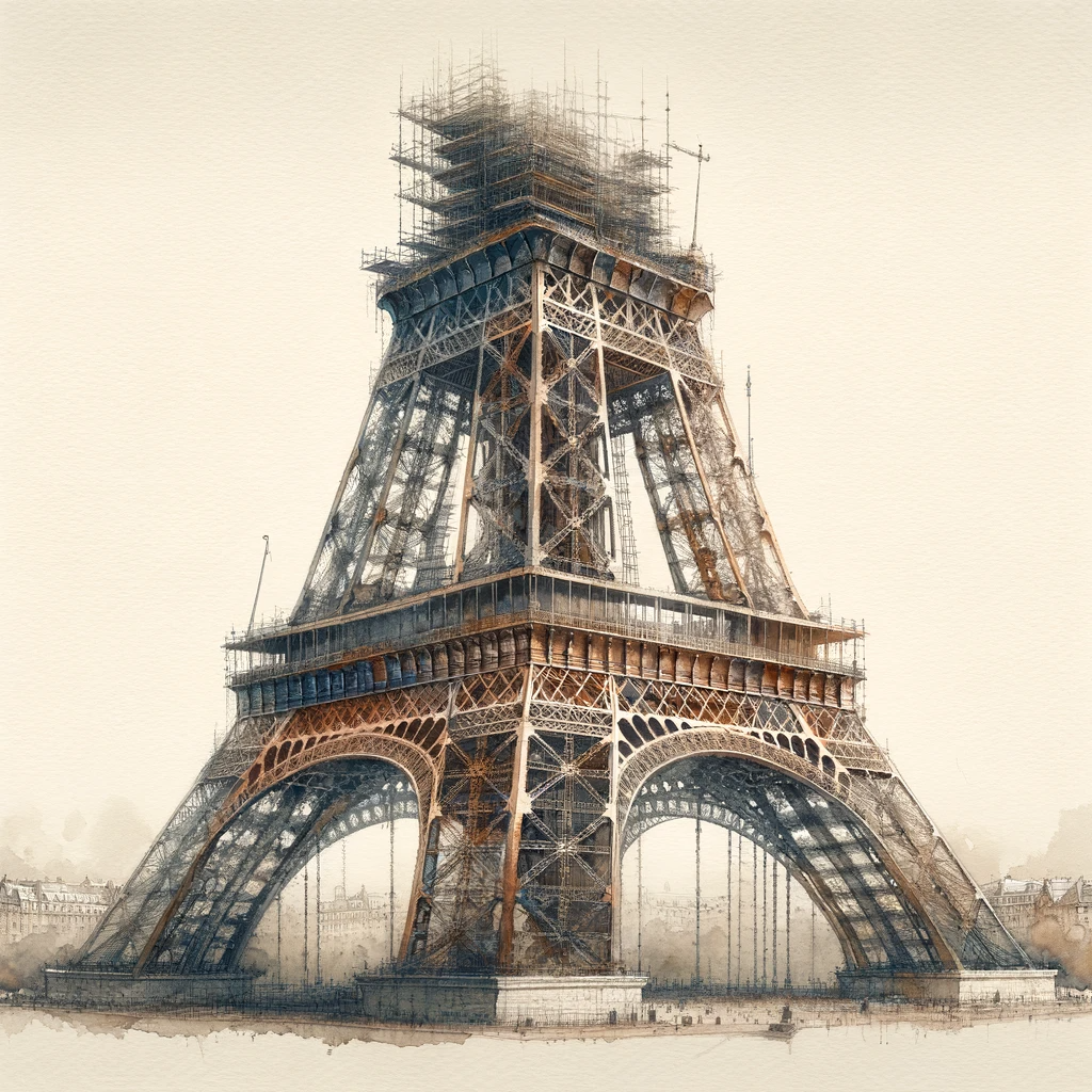 DALL·E 2023-12-28 12.19.58 - A watercolor painting focusing solely on the incomplete Eiffel Tower as it was in 1888, without any additional background elements. The painting showc.png