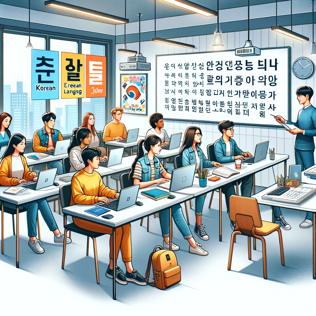 DALL·E 2024-03-12 02.51.45 - Illustrate a modern Korean language classroom with students from various countries, emphasizing the diversity and eagerness to learn. The classroom is.png