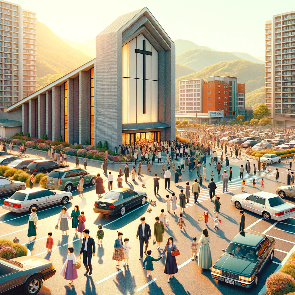 DALL·E 2024-03-02 19.35.36 - A vibrant scene outside a South Korean church, capturing the moment as the congregation exits the worship service and heads towards the parking lot, e.png