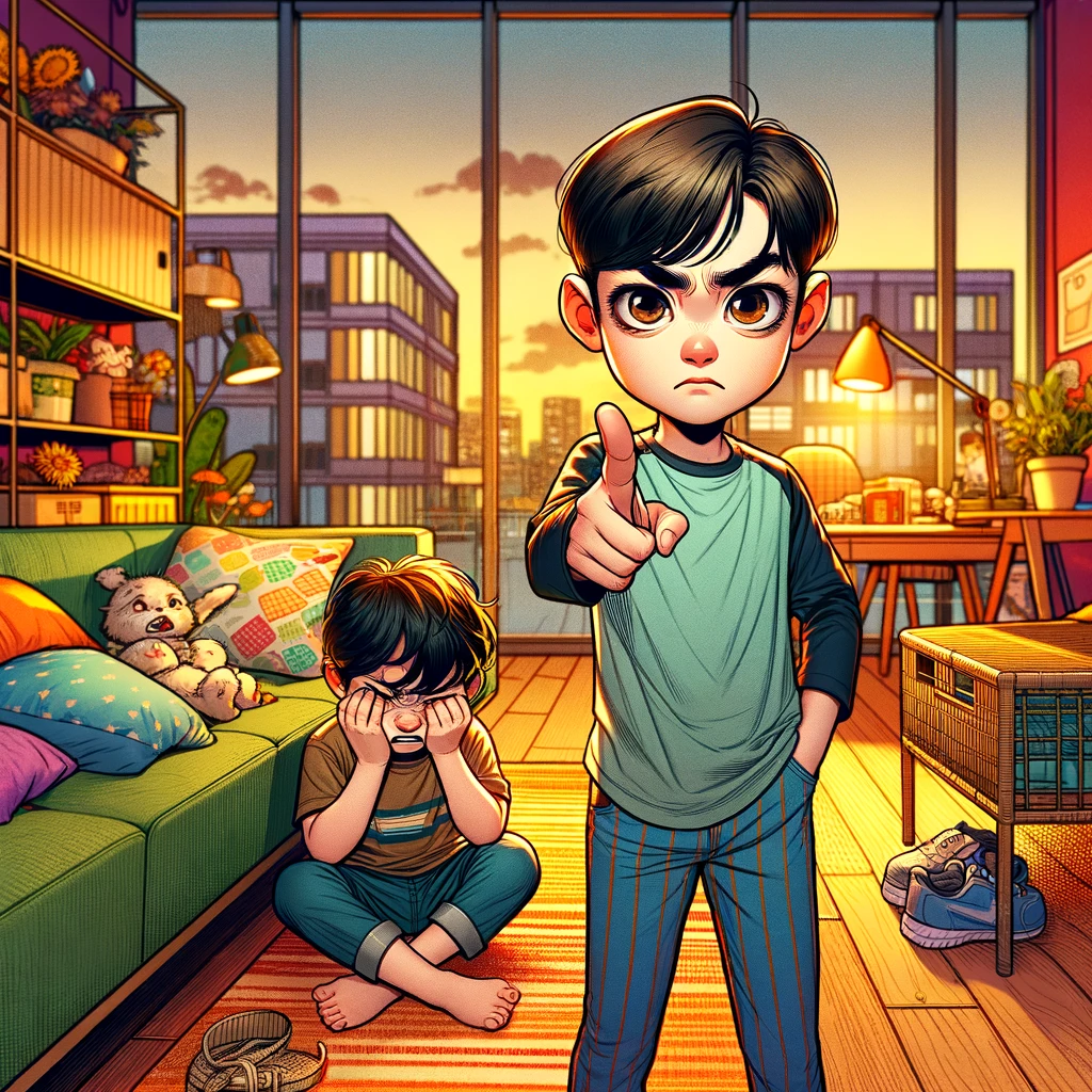 DALL·E 2024-03-03 23.59.08 - Create a comic-style scene set in a modern Korean apartment featuring two young Korean brothers in the midst of a sibling conflict. The older brother,.png