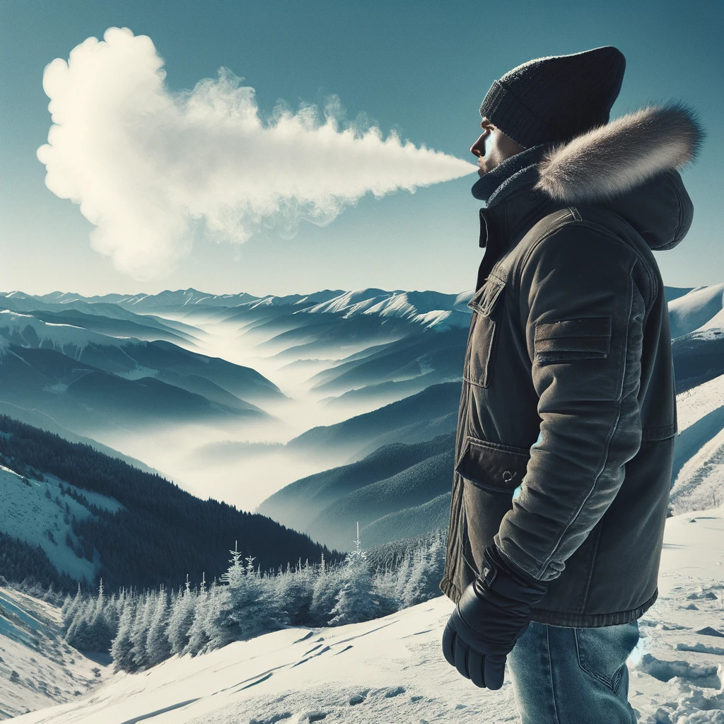DALL·E 2024-03-04 18.39.54 - Depict a man standing on top of a mountain during winter, exhaling white breath into the cold air. The man is facing away from the viewer, looking out.png