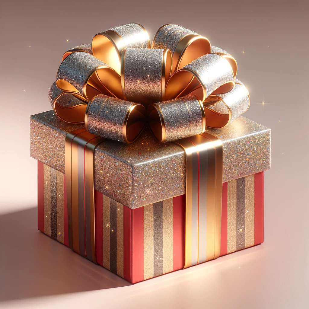 DALL·E 2024-03-17 23.57.37 - Create an image of a beautifully wrapped gift. The gift box is adorned with a large, elegant bow and wrapped in glossy, vibrant paper that sparkles sl.png