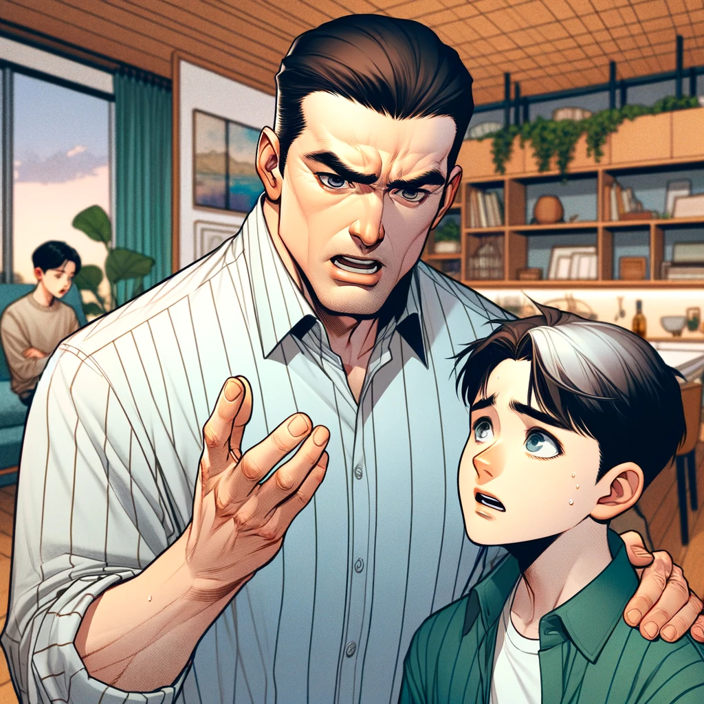 DALL·E 2024-03-03 23.59.13 - Illustrate a comic-style scene where a tall, sturdy middle-aged father scolds the older brother, blending strictness with love. The father exhibits a .png