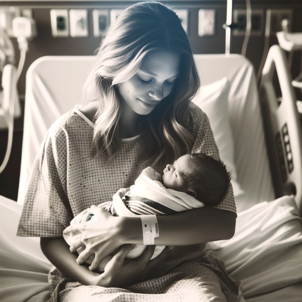 DALL·E 2024-03-11 00.17.49 - Create an image of a woman holding a newborn baby in a hospital setting, encapsulating a moment of tender joy. The woman is sitting on a hospital bed,.png