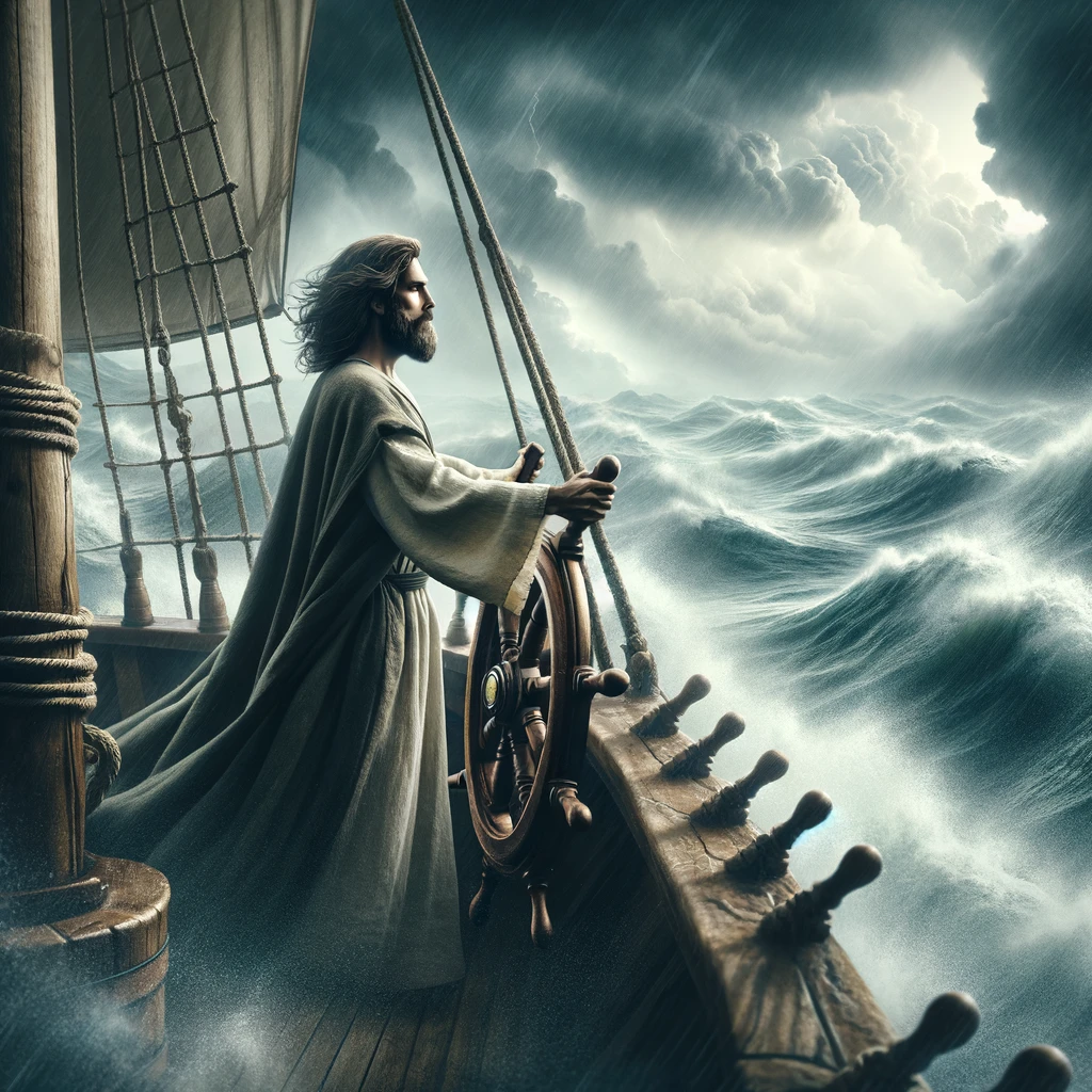 DALL·E 2024-03-09 22.37.13 - Create a serene and powerful image of Jesus as a captain, steering a ship through a stormy sea. In this portrayal, Jesus stands firmly at the helm of .png