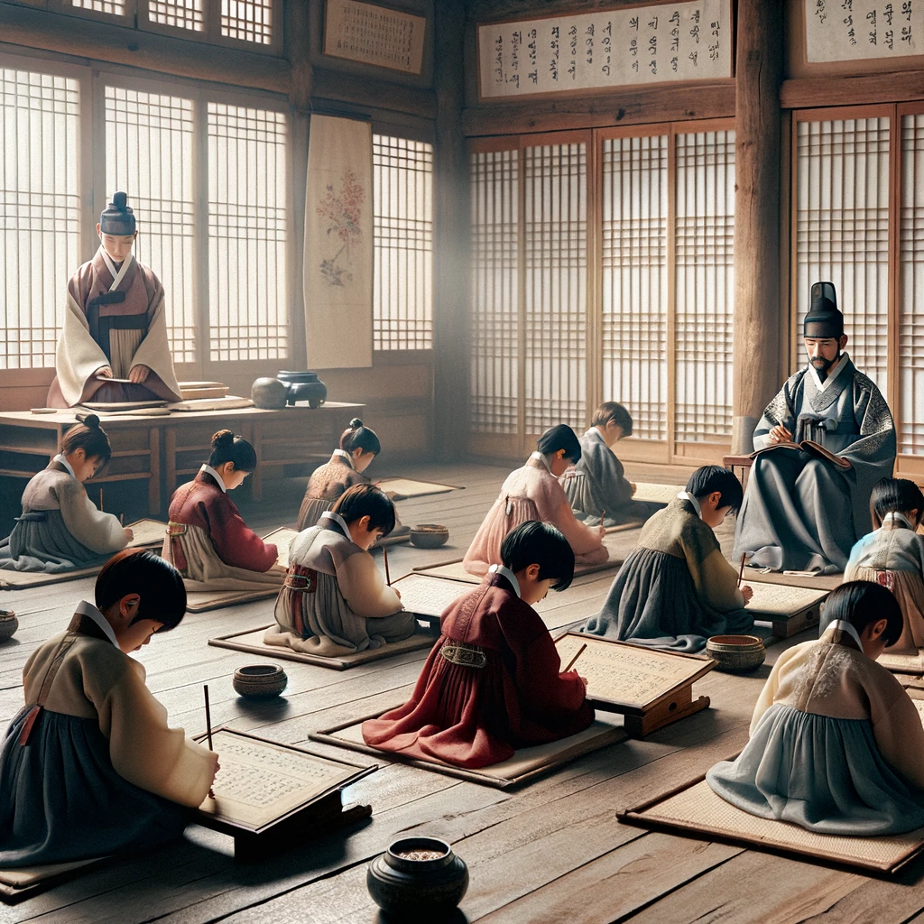 DALL·E 2024-03-12 02.50.29 - Depict children of the Joseon Dynasty in Korea studying at a traditional Seodang, or village school. The scene shows a modest classroom with wooden fl.png