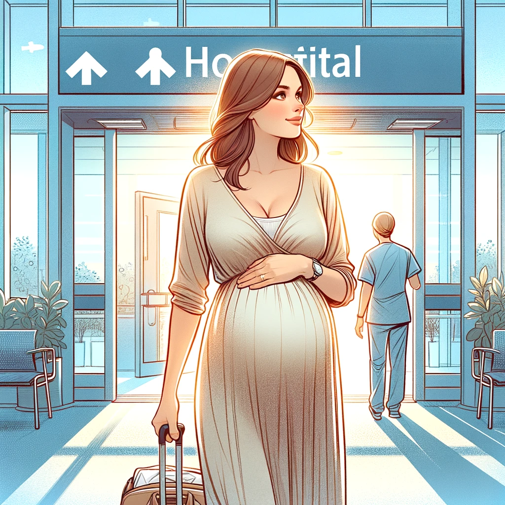DALL·E 2024-03-10 23.56.33 - Illustrate a pregnant woman walking into a hospital, capturing the moment with optimism and care. The scene is set at the entrance of a modern hospita.png
