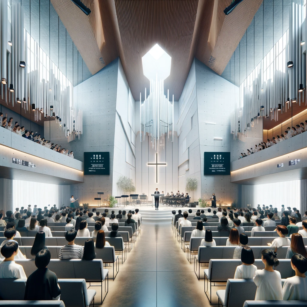 DALL·E 2024-03-02 19.35.03 - A contemporary scene inside a modern South Korean Protestant church during a worship service. The interior showcases a blend of modern architectural d.png