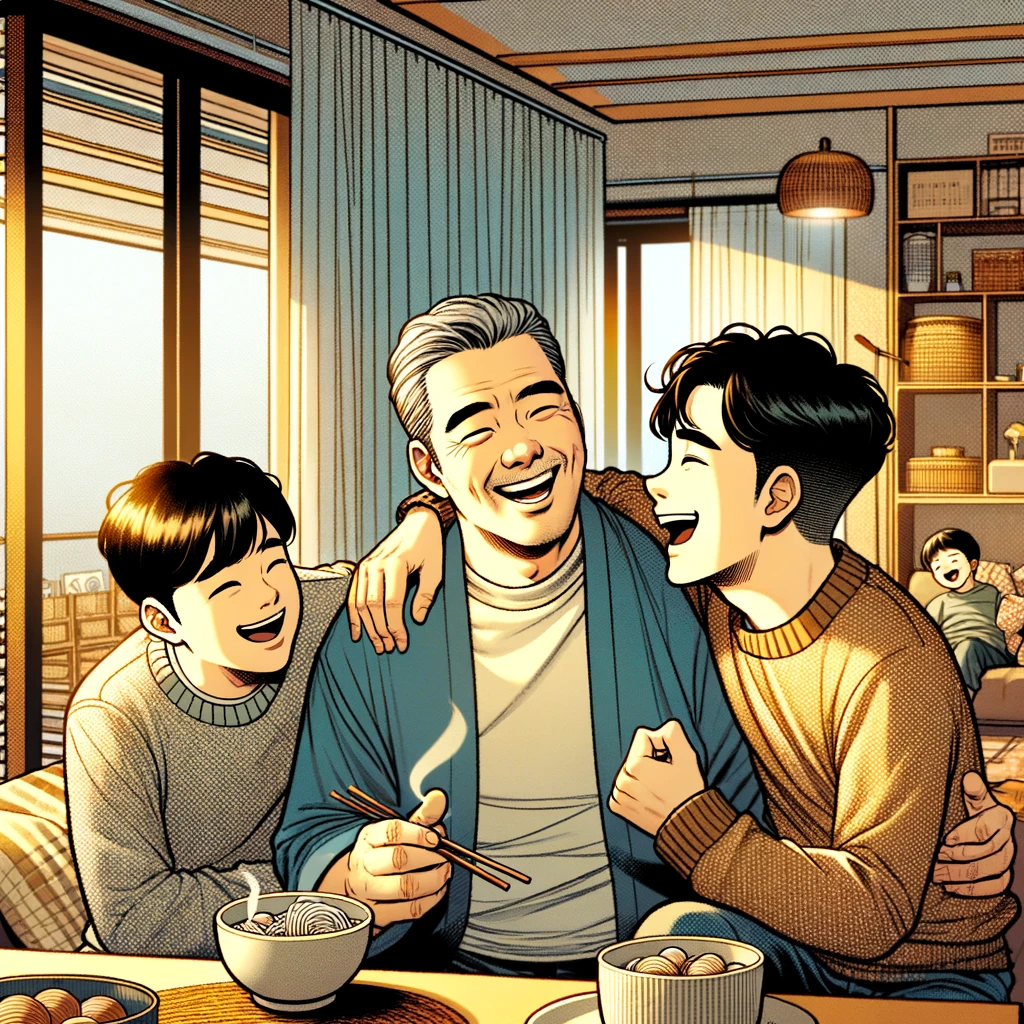 DALL·E 2024-03-03 23.59.23 - Illustrate a comic-style scene depicting a harmonious moment among a family - the two brothers and their father - in their modern Korean apartment. Th.png