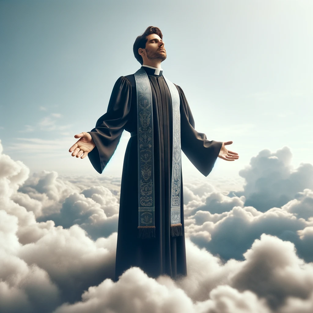DALL·E 2024-03-11 00.30.56 - Create an image of a pastor floating above the clouds, giving the impression of a serene and spiritual moment. The pastor is dressed in traditional cl.png