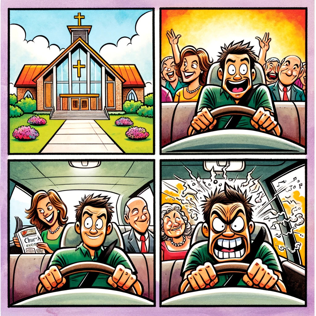 DALL·E 2024-03-02 19.46.56 - A 4-panel cartoon that humorously depicts the transition from leaving a church service to a driver getting angry on the way home. Panel 1_ Shows a pea.png