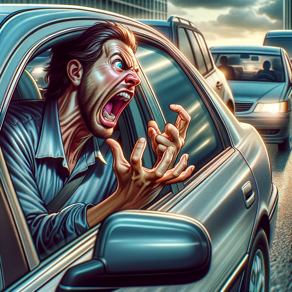 DALL·E 2024-03-02 19.35.52 - A scene capturing a moment where a frustrated driver is yelling out of an open car window while stuck in traffic. The driver's face is animated with e.png