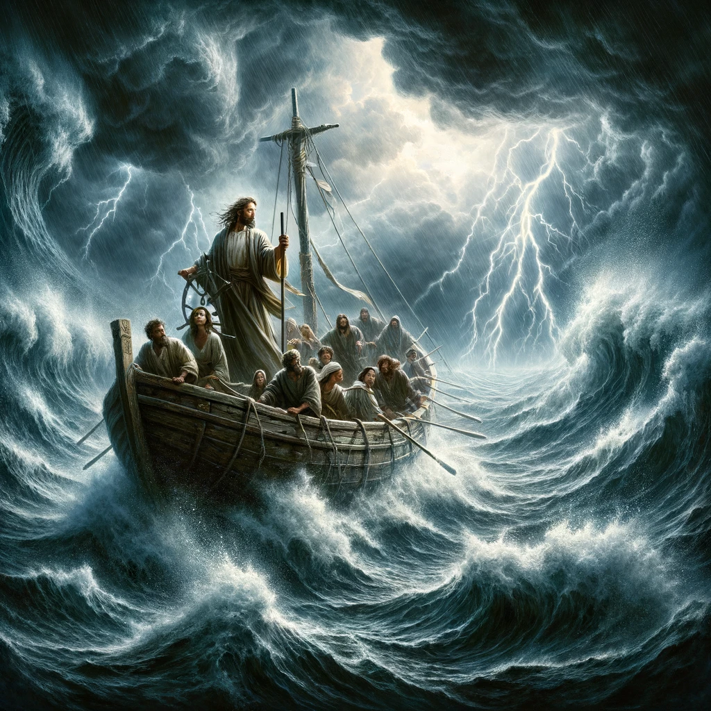 DALL·E 2024-03-09 18.08.08 - A powerful scene unfolds on a tumultuous sea with towering waves crashing fiercely. The sky above is a dark, swirling mass, intermittently lit by ligh.png