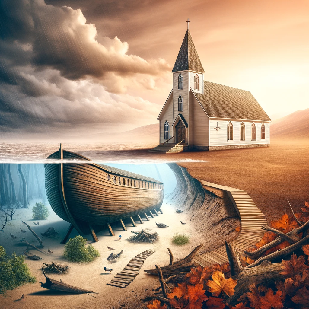 DALL·E 2024-03-23 23.41.13 - Create an image that combines the biblical story of Noah and the Ark with the concept of a church. Envision Noah's Ark resting on dry land after the f.png