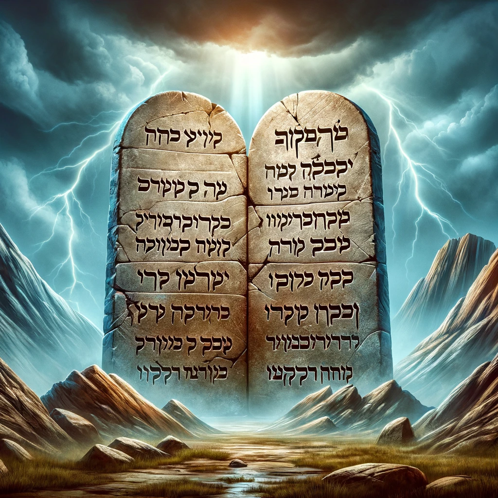 DALL·E 2024-03-23 23.43.23 - Illustrate the Ten Commandments, depicted as stone tablets set against a historical or symbolic backdrop. The tablets are large, made of stone, and fe.png