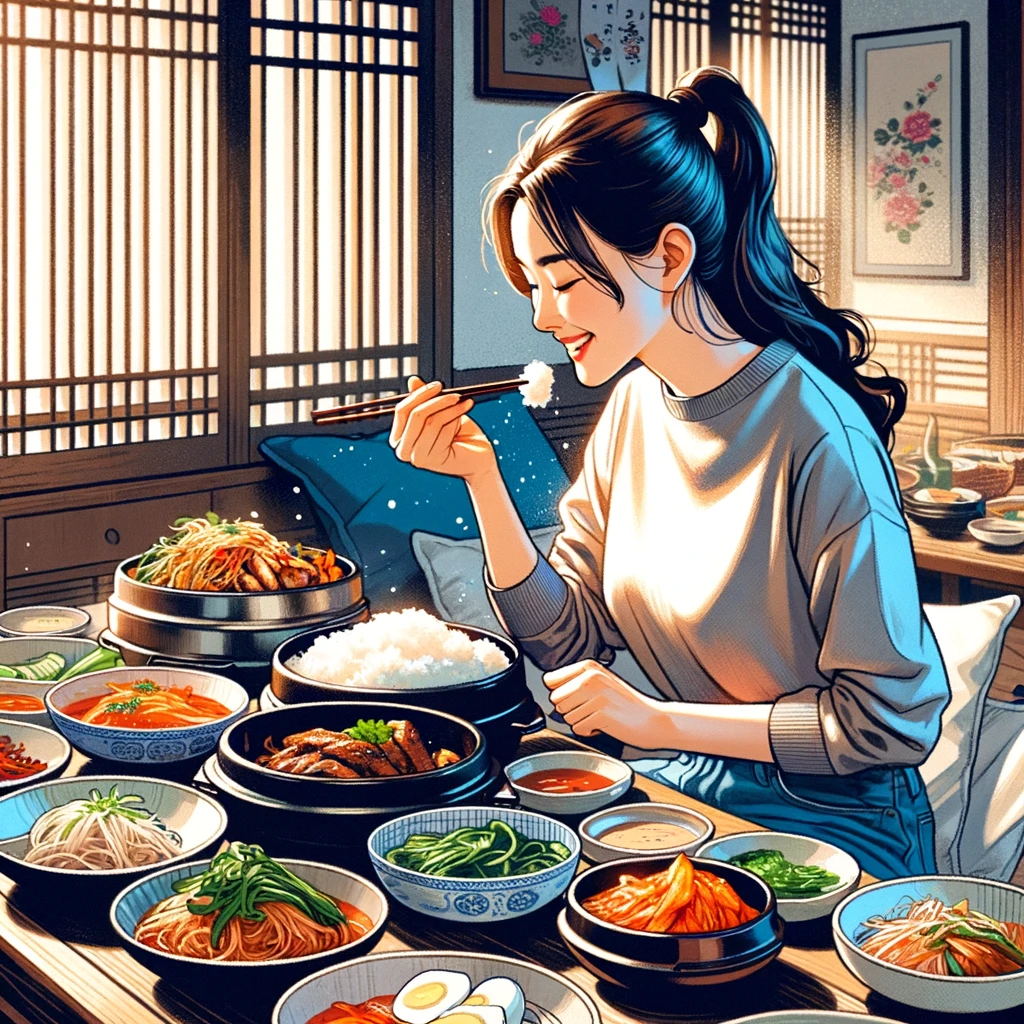 DALL·E 2024-03-04 18.39.59 - Illustrate a Korean woman enjoying a traditional Korean meal. She is seated at a low dining table filled with various Korean dishes such as kimchi, bi.png
