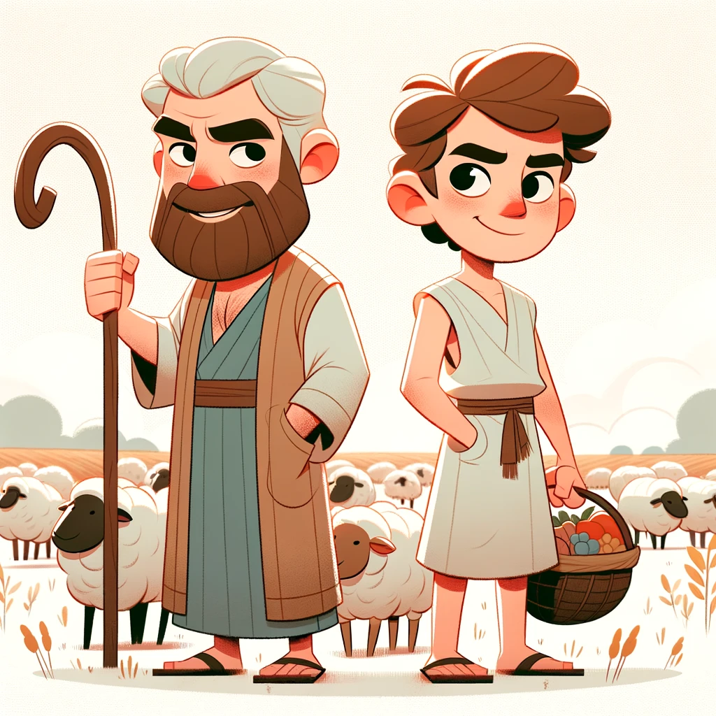 DALL·E 2024-03-17 23.34.33 - Illustrate a cartoon version of Cain and Abel from the Bible, capturing the essence of their story in a stylized and accessible manner. Both brothers .png