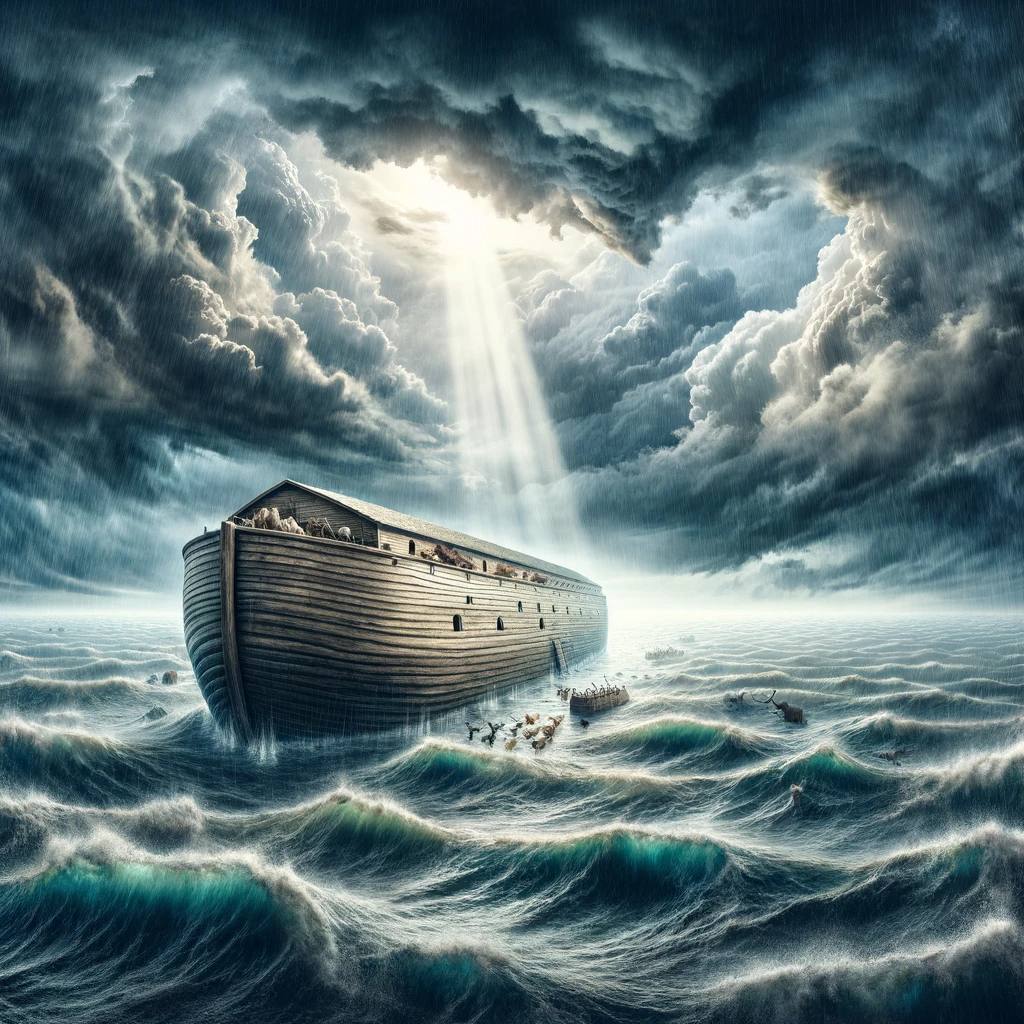 DALL·E 2024-03-23 23.41.16 - Create an image depicting the biblical story of Noah, the Ark, and the Flood. Visualize a vast expanse of water covering the earth, with Noah's Ark pr.png