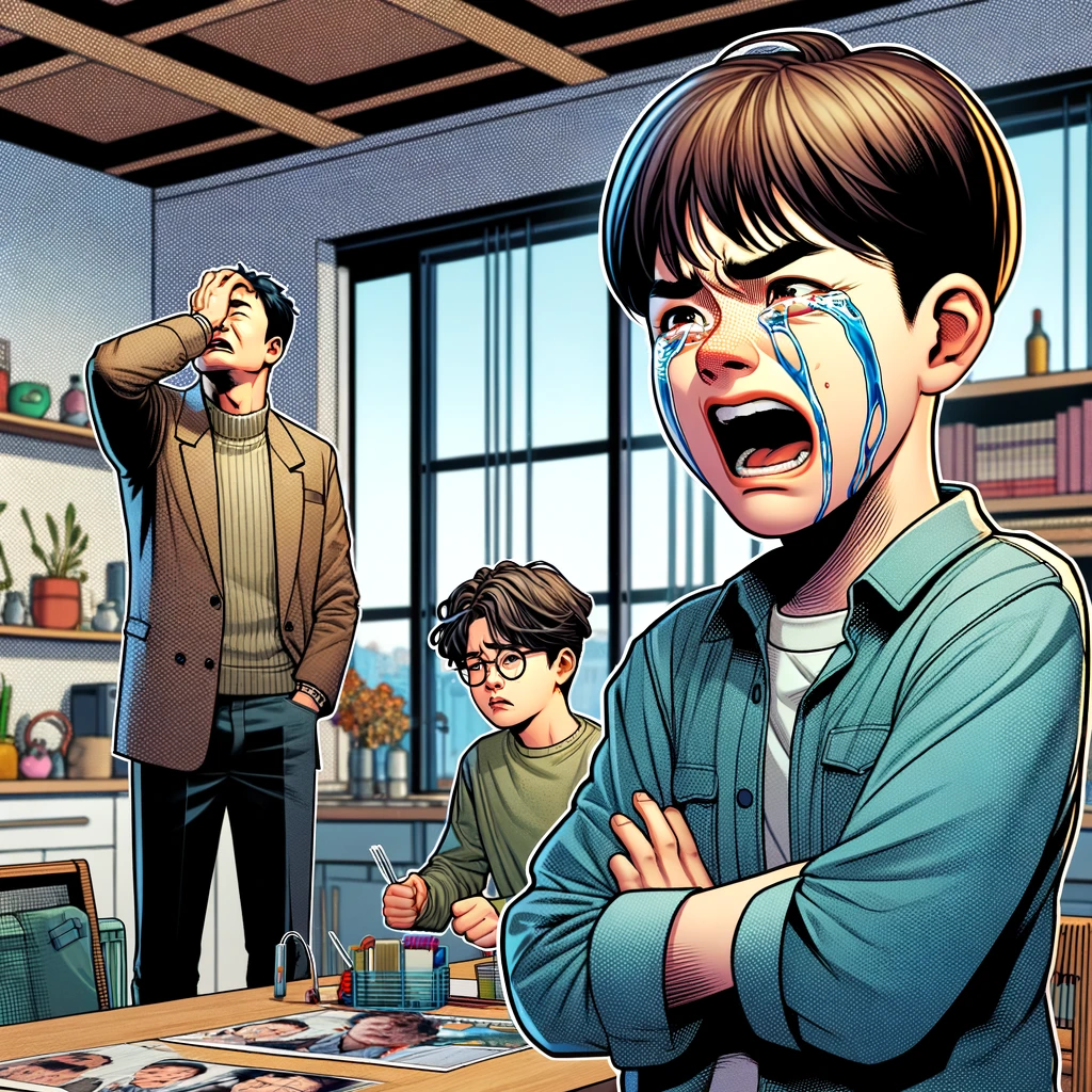 DALL·E 2024-03-03 23.59.18 - Depict a comic-style scene with the younger brother crying again, his tears cartoonishly exaggerated to reflect deep sadness and disappointment. The o.png