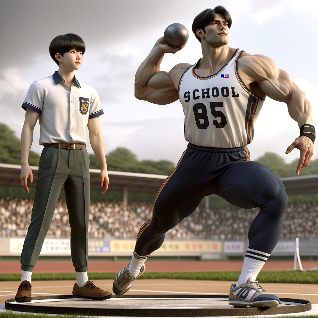 DALL·E 2024-03-09 18.28.11 - In a realistic setting, two Korean high school students, one slender and the other more muscular, are participating in a shot put event. The slender s.png