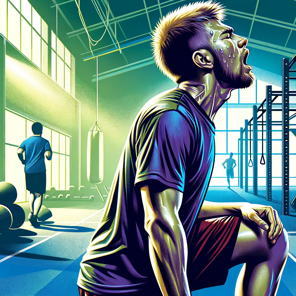 DALL·E 2024-03-04 18.39.49 - Illustrate a man breathing heavily after a workout. The setting is a gym, with workout equipment in the background. The man is depicted in a dynamic p.png