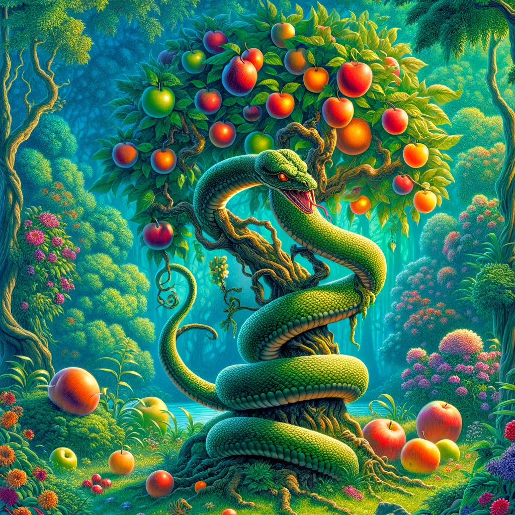 DALL·E 2024-03-09 22.06.15 - Create a detailed illustration focusing on the serpent and the Tree of the Knowledge of Good and Evil from Genesis Chapter 3. The setting is the seren.png