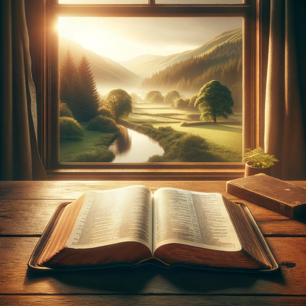 DALL·E 2024-03-18 00.01.37 - Create an image of a Bible open on a desk with a view of nature through a nearby window. The desk is made of warm-toned wood, and the Bible is central.png