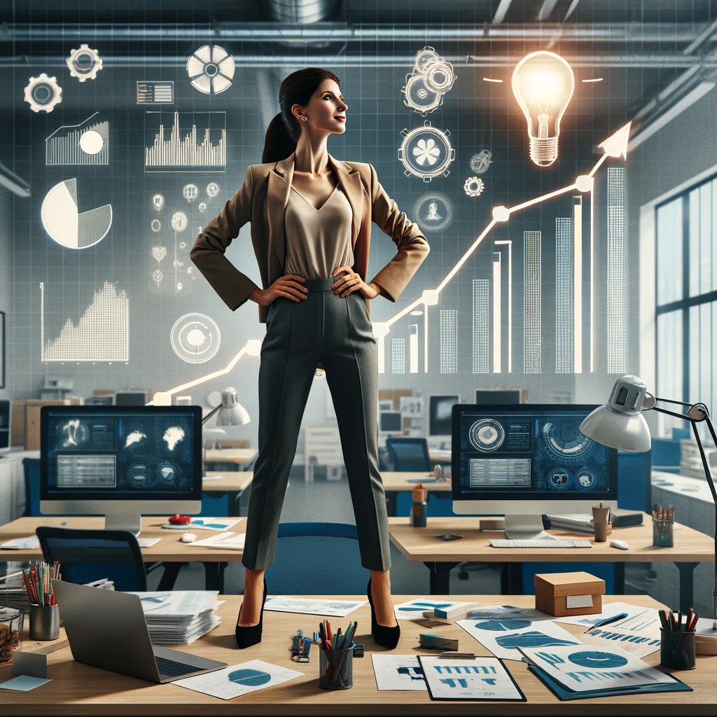 DALL·E 2024-03-19 00.18.20 - Create an image of a female office worker achieving self-realization. She is in a modern office environment, standing confidently at her desk, surroun.png